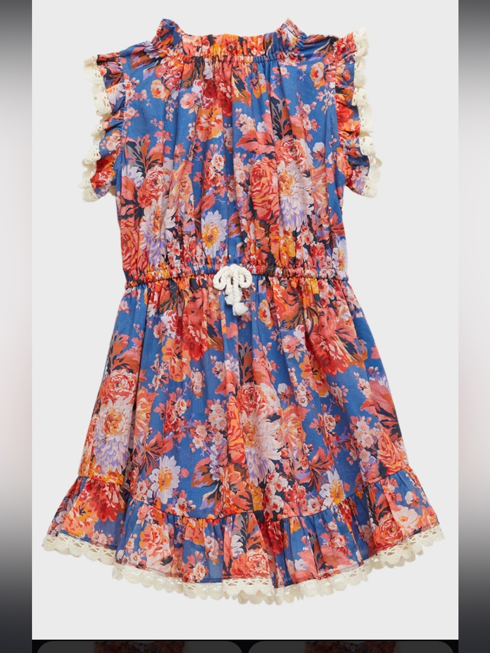 Zimmermann Floral Mini Dress Size 6 Blue Orange Crochet Lace Trim